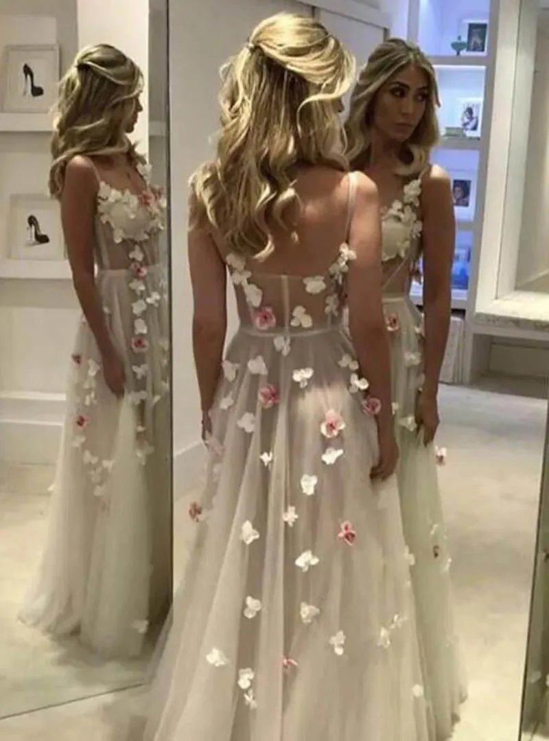 Sevintage Elegantna 3D Cvetje Dolgo Prom Obleke Špageti Trak Til Ženske Večerne Odpri Nazaj Princesa Formalno Obleko 2021 0
