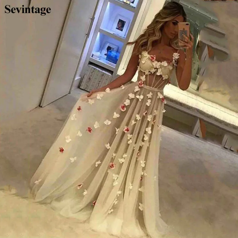 Sevintage Elegantna 3D Cvetje Dolgo Prom Obleke Špageti Trak Til Ženske Večerne Odpri Nazaj Princesa Formalno Obleko 2021 2