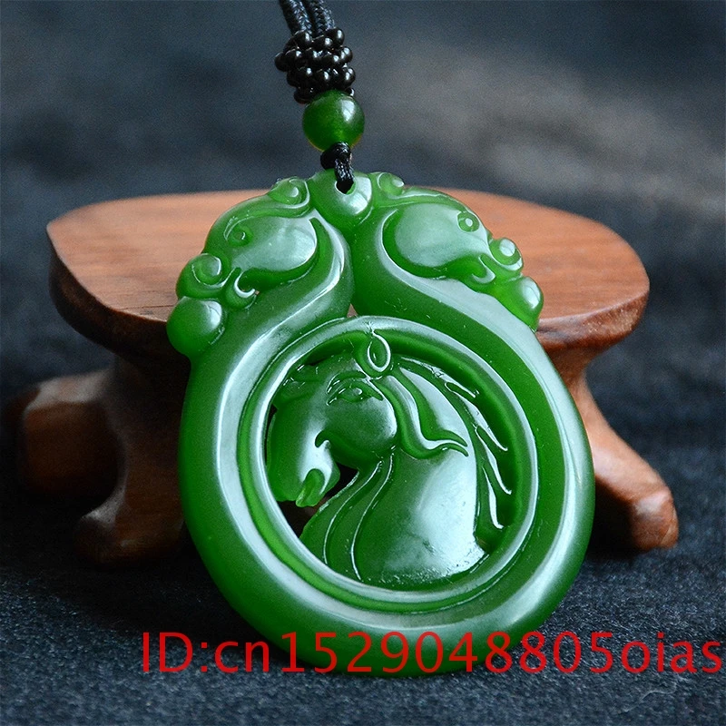 Naravni Zeleni Kitajski Jade Konj Zmaj, Ogrlico, Obesek, Čar, Moda Nakit dvostranski Votlih Vklesan Amulet Darila za Njo 2