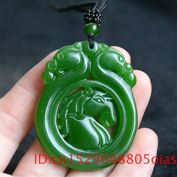 Naravni Zeleni Kitajski Jade Konj Zmaj, Ogrlico, Obesek, Čar, Moda Nakit dvostranski Votlih Vklesan Amulet Darila za Njo 0