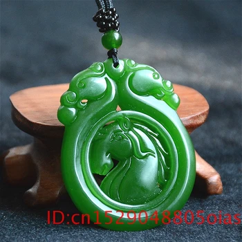 Naravni Zeleni Kitajski Jade Konj Zmaj, Ogrlico, Obesek, Čar, Moda Nakit dvostranski Votlih Vklesan Amulet Darila za Njo 1