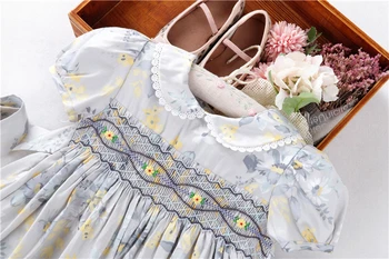 Poletje baby dekleta smocked obleke cvet ročno izdelani bombaž peter pan ovratnik otroci obleko otroci oblačila 5