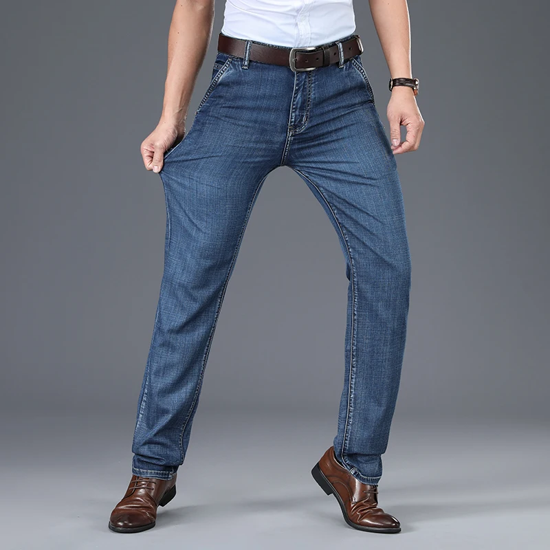 QUANBO Visoke Kakovosti Modal Nove Moške Jeans Poletje Ultra-tanek srednjih let Visoko Pasu Svoboden Naravnost Ledu Svilene Hlače Priložnostno 42 1