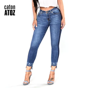 CatonATOZ 2138 žensk strani prugasta push up jeans za Ženske vezenje stretchy neenakomeren robom skinny Jeans Hlače za ženske 1