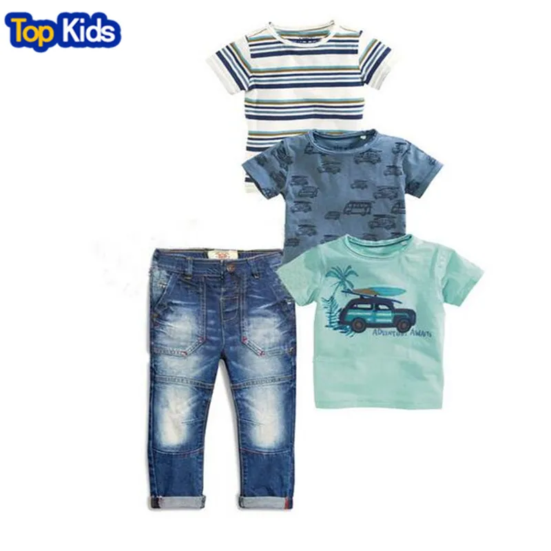 2020 Poletje Otrok, določa otroška oblačila fantje 4 kos set črtasto obleko t-majice + modra t-shirt avto + T-shirt + traper kavbojke CCS352 4