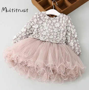 2020 Princesa Baby Dekleta Stranka Obleko Tiskanja Cvetovi Dolgi Rokav Čipke Koleno Dolžina Tutu Jeseni Obleko 7735