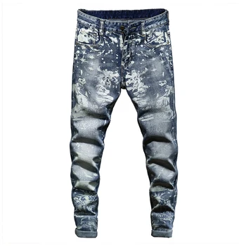 Sokotoo Moške sneg oprati natisnjeni stretch denim jeans, Moda slim fit svinčnik hlače Hlače 7787