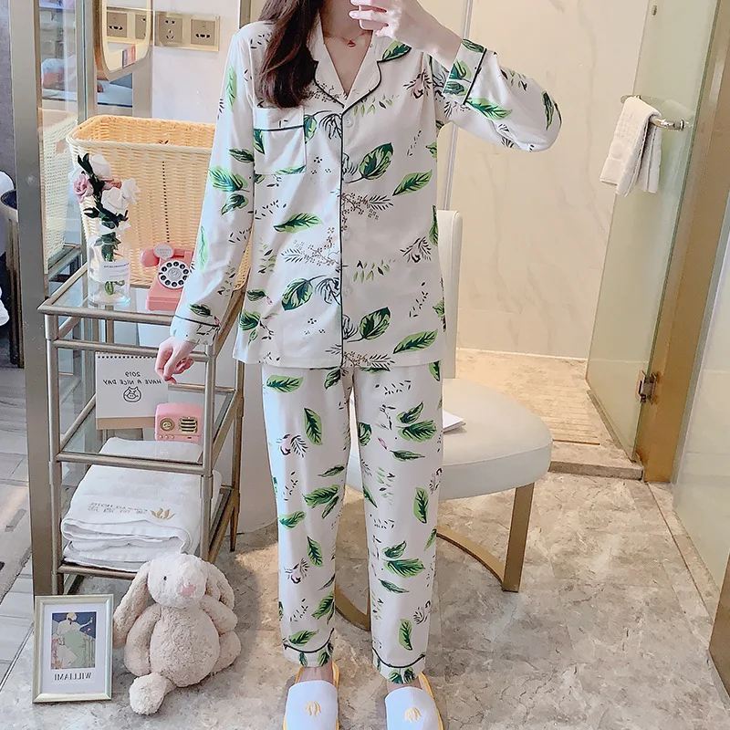 Domov Oblačila za Ženske Zelenih Listov Tiskanje Pižamo Pomlad Pižame Ženske Sleepwear Doma Obleko Pijamas Mujer Invierno Pigiami Donna 2