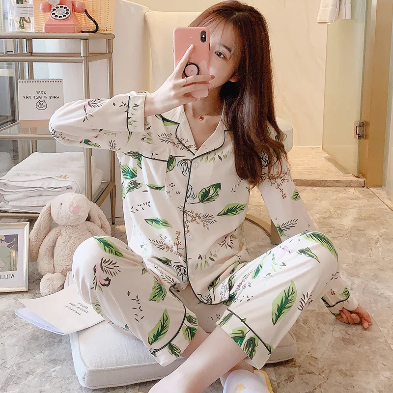 Domov Oblačila za Ženske Zelenih Listov Tiskanje Pižamo Pomlad Pižame Ženske Sleepwear Doma Obleko Pijamas Mujer Invierno Pigiami Donna 3