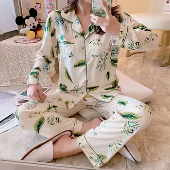 Domov Oblačila za Ženske Zelenih Listov Tiskanje Pižamo Pomlad Pižame Ženske Sleepwear Doma Obleko Pijamas Mujer Invierno Pigiami Donna 5