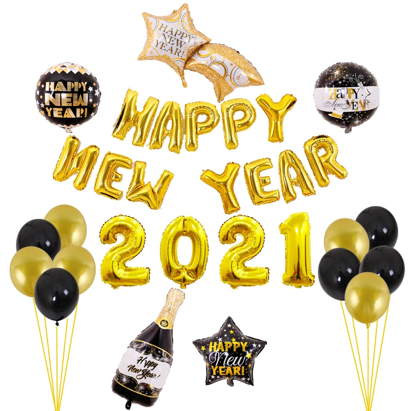 31Pcs/Set Srečno Novo Leto 2021 Balon Zlato 16-inch Število Pismo Črno Novo Leto Star Steklenico Šampanjca Baloni Dekoracije 1