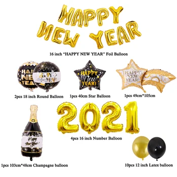 31Pcs/Set Srečno Novo Leto 2021 Balon Zlato 16-inch Število Pismo Črno Novo Leto Star Steklenico Šampanjca Baloni Dekoracije 3