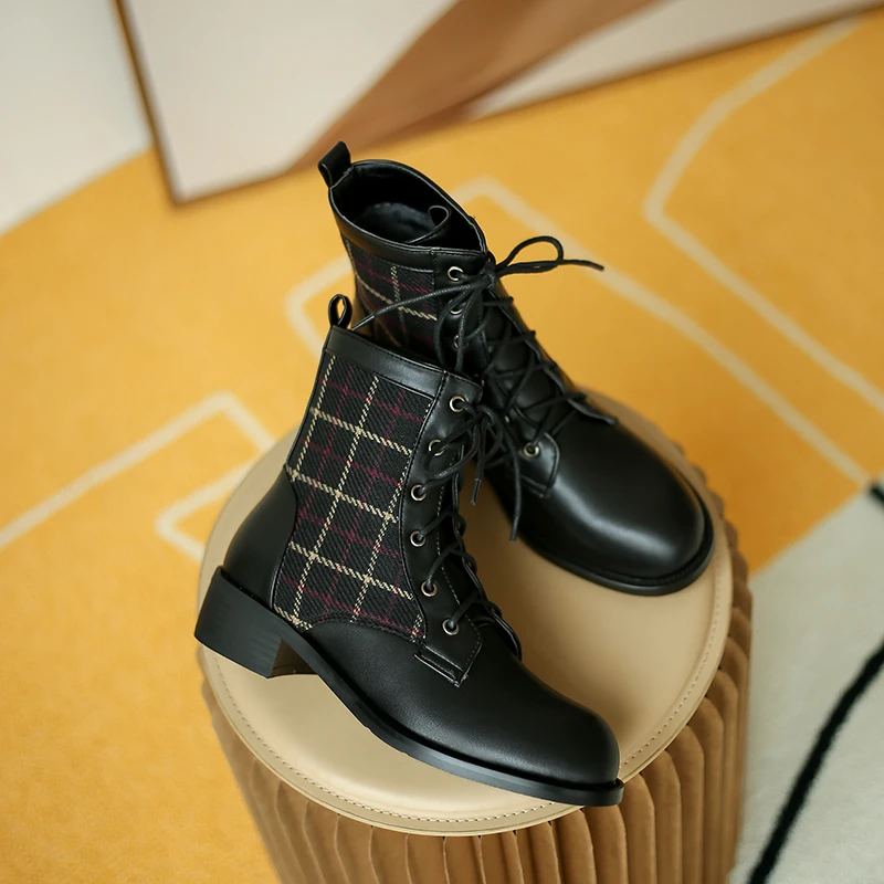 Ženske čevlje jeseni, Pozimi škornji Čipke Britanski stil velike debele dnu Kariran Usnje Škornji retro kratek čevlji AB942 1