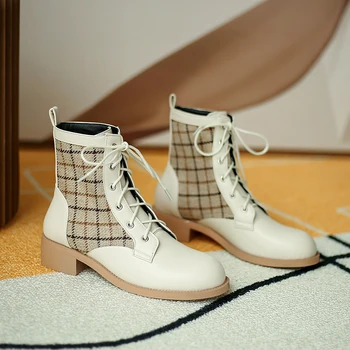 Ženske čevlje jeseni, Pozimi škornji Čipke Britanski stil velike debele dnu Kariran Usnje Škornji retro kratek čevlji AB942 8126