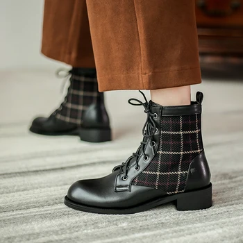 Ženske čevlje jeseni, Pozimi škornji Čipke Britanski stil velike debele dnu Kariran Usnje Škornji retro kratek čevlji AB942 5