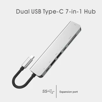 7 v 1 USB-C Hub Dock Aluminij Zlitine 4K HD 30HZ Dvojno USB 3.0 Port Adapter PD USB C Reža za SD & TF Card Reader 1
