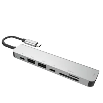 7 v 1 USB-C Hub Dock Aluminij Zlitine 4K HD 30HZ Dvojno USB 3.0 Port Adapter PD USB C Reža za SD & TF Card Reader 5