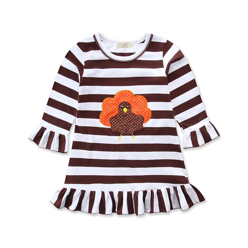 Zahvalni Dan Malčka Otroci Baby Dekleta Jeseni Stranka Obleko Z Dolgimi Rokavi Ruffles Turčija Prugasta Tiskanja Kolena-Dolžina A-Line Oblačenja 3