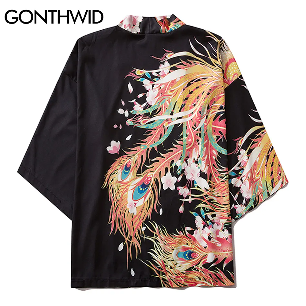 GONTHWID Phoenix Tiskanja Japonski Kimono Jopico Srajce Jopiči Mens Moda Harajuku Hip Hop Priložnostne Svoboden Vrhovi Ulične Coats 2