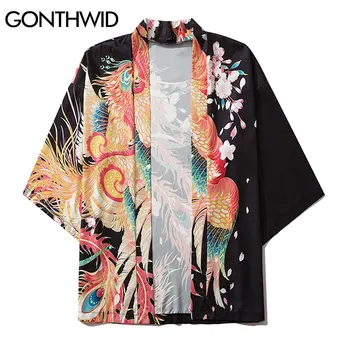 GONTHWID Phoenix Tiskanja Japonski Kimono Jopico Srajce Jopiči Mens Moda Harajuku Hip Hop Priložnostne Svoboden Vrhovi Ulične Coats 4