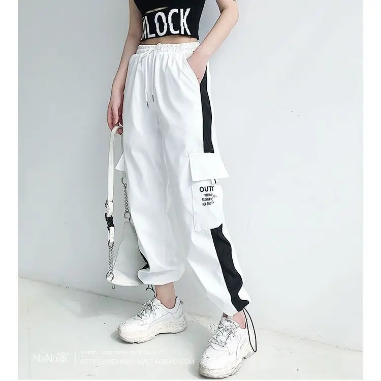 Cargo hlače so ženske velikosti visoko hlače širina jogging hlače prugasta Punk Black Capris hlače sarur, Koreja 2