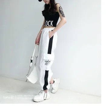 Cargo hlače so ženske velikosti visoko hlače širina jogging hlače prugasta Punk Black Capris hlače sarur, Koreja 0