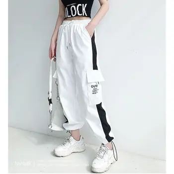 Cargo hlače so ženske velikosti visoko hlače širina jogging hlače prugasta Punk Black Capris hlače sarur, Koreja 2