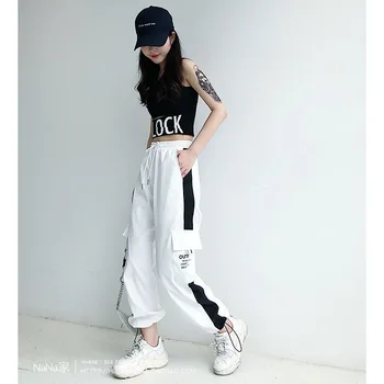 Cargo hlače so ženske velikosti visoko hlače širina jogging hlače prugasta Punk Black Capris hlače sarur, Koreja 3