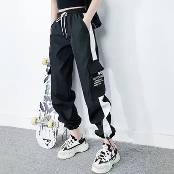 Cargo hlače so ženske velikosti visoko hlače širina jogging hlače prugasta Punk Black Capris hlače sarur, Koreja 5