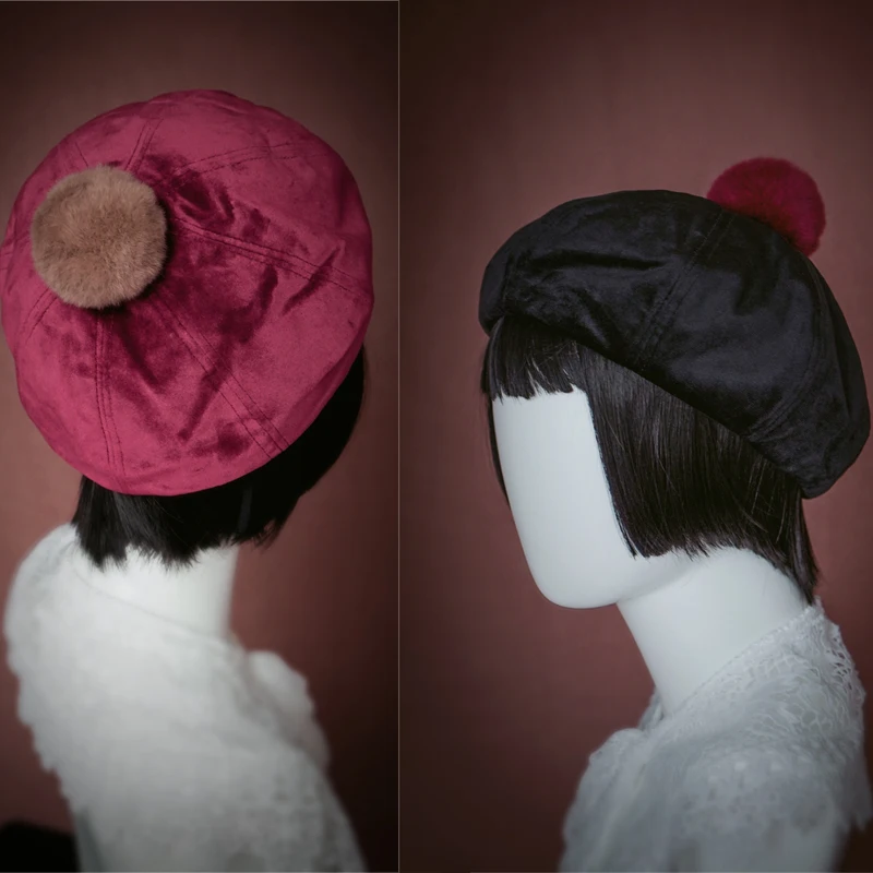 Ženske Črno/Rdeče Vino Žamet Pozimi klobuk Octagonal 3