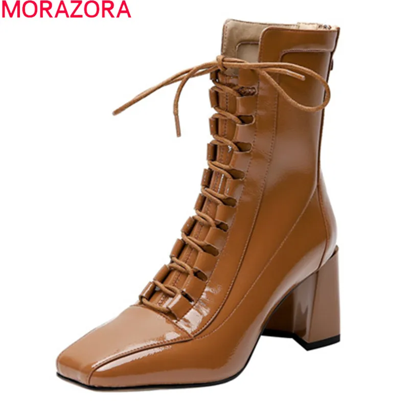 MORAZORA 2020 Nove vroče prodaje modni škornji debele visokih petah kvadratni toe zimske ženske škornji vrh kakovosti čipke dame čevlji 1