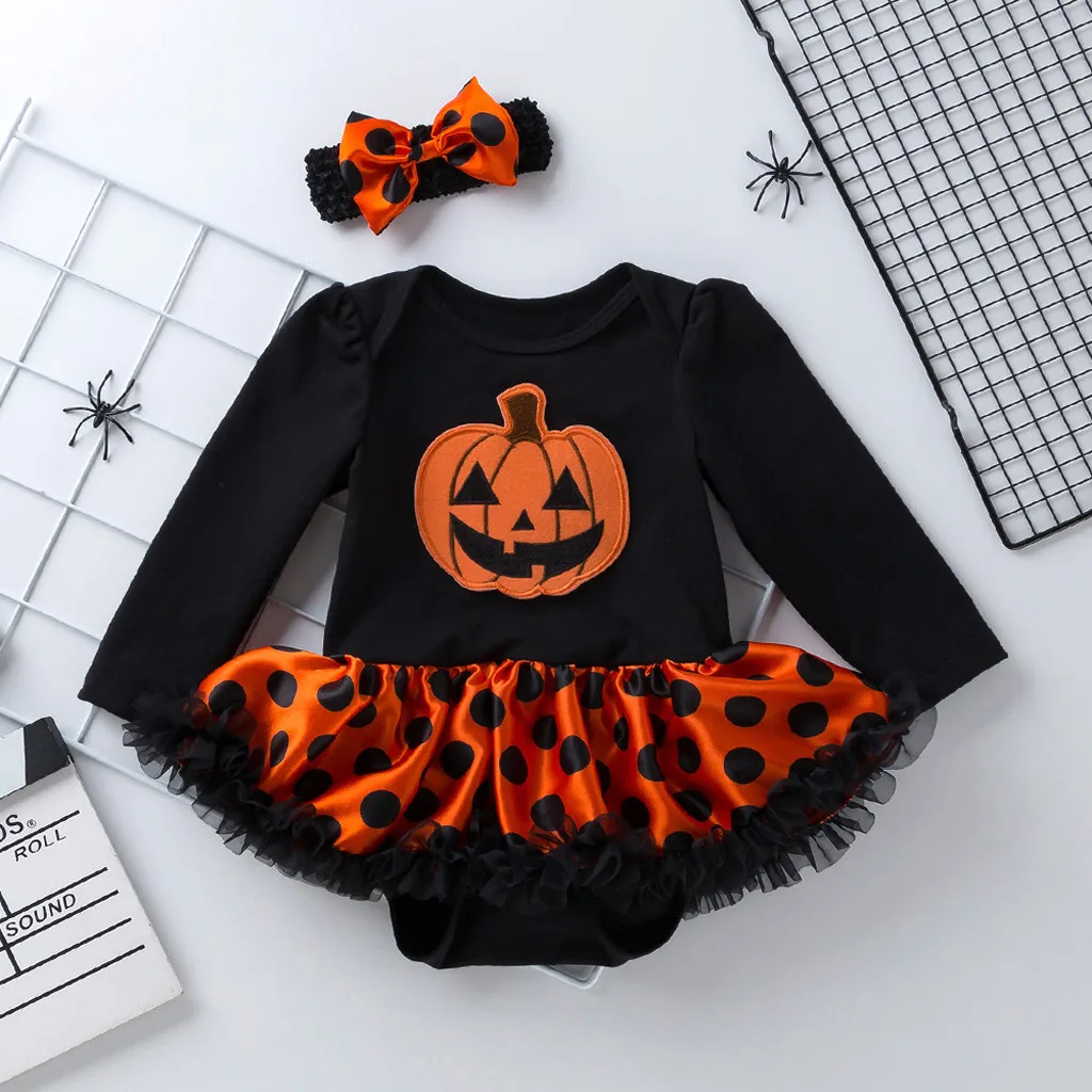 Halloween Baby Dekle Oblačila Za Dojenčka Romper Bombaž Dolg Rokav Malčka Bučna Jumpsuit Tutu Romper Obleka Za Halloween Kostumi 1