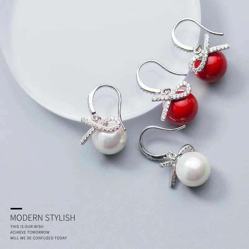 S925 srebrni lok ženske korejski edition uhani nastavite s diamond 2020New rdeče in belo lupino pearl sintetičnih Pearl uhan 1