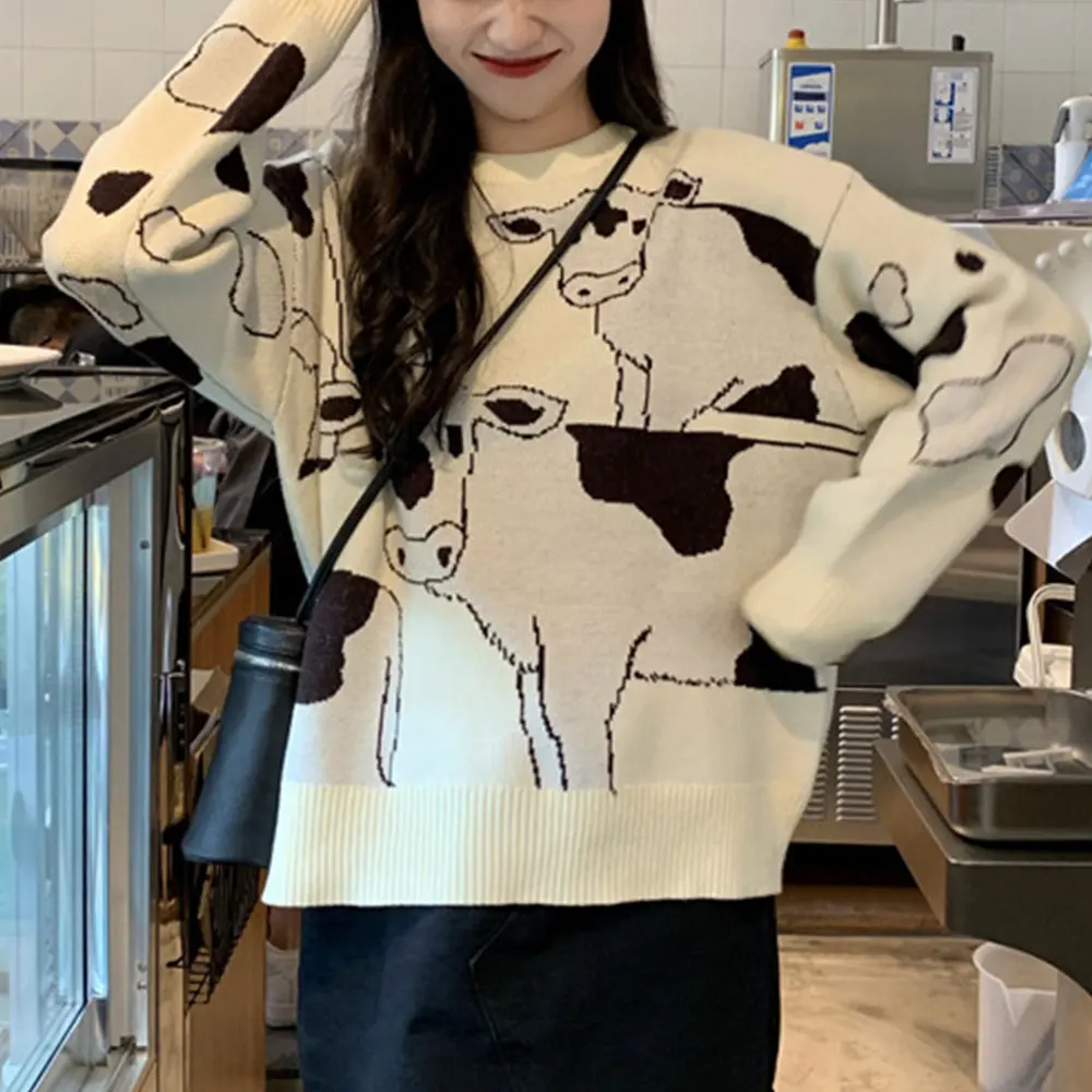 Vintage Priložnostne Svoboden Leni Krava Pulover Ženske korejski Harajuku ženski pulover Japonski Kawaii Srčkan Ulzzang Oblačila Za Ženske 1