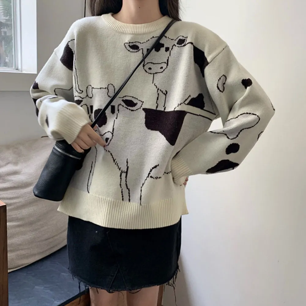 Vintage Priložnostne Svoboden Leni Krava Pulover Ženske korejski Harajuku ženski pulover Japonski Kawaii Srčkan Ulzzang Oblačila Za Ženske 4