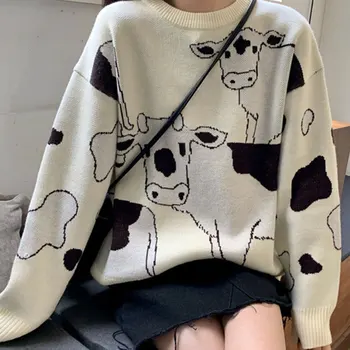 Vintage Priložnostne Svoboden Leni Krava Pulover Ženske korejski Harajuku ženski pulover Japonski Kawaii Srčkan Ulzzang Oblačila Za Ženske 2