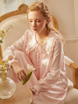 Bombaž Žensk Dolgo Sleepwear Pomlad Jesen Royal Princess Čipke Jopico Zavoj navzdol Ovratnik Dolgo Nightgowns Elegantno Sleepshirts 0